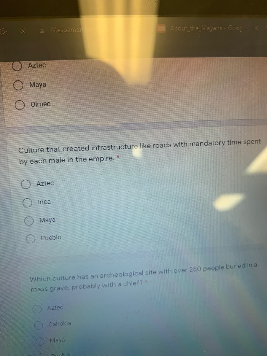 Mesoamen
About_the_Mayans - Goog
Aztec
Maya
Olmec
Culture that created infrastructure like roads with mandatory time spent
by each male in the empire. *
Aztec
Inca
Maya
Pueblo
Which culture has an archeological site with over 250 people buried in a
mass grave, probably with a chief?*
Aztec
Cahokia
Maya
Duoblo
