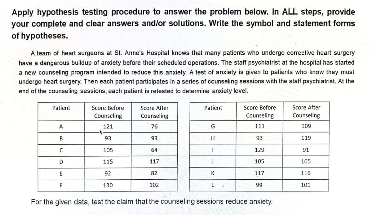 Apply hypothesis testing procedure to answer the problem below. In ALL steps, provide
your complete and clear answers and/or solutions. Write the symbol and statement forms
of hypotheses.
A team of heart surgeons at St. Anne's Hospital knows that many patients who undergo corrective heart surgery
have a dangerous buildup of anxiety before their scheduled operations. The staff psychiatrist at the hospital has started
a new counseling program intended to reduce this anxiety. A test of anxiety is given to patients who know they must
undergo heart surgery. Then each patient participates in a series of counseling sessions with the staff psychiatrist. At the
end of the counseling sessions, each patient is retested to determine anxiety level.
Patient
Score Before
Score After
Patient
Score Before
Score After
Counseling
Counseling
Counseling
Counseling
A
121
76
G
111
109
В
93
93
H.
93
119
105
64
129
91
D
115
117
J
105
105
E
92
82
K
117
116
F
130
102
L
101
66
For the given data, test the claim that the counseling sessions reduce anxiety.
