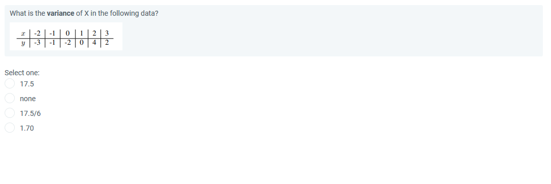 What is the variance of X in the following data?
2.
Select one:
17.5
none
17.5/6
1.70
