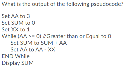 What is the output of the following pseudocode?
Set AA to 3
Set SUM to 0
Set XX to 1
While (AA >= 0) //Greater than or Equal to 0
Set SUM to SUM + AA
Set AA to AA - XX
END While
Display SUM
