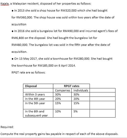 Kajala, a Malaysian resident, disposed of her properties as follows:
• In 2013 she sold a shop house for RM320,000 which she had bought
for RM360,000. The shop house was sold within two years after the date of
acquisition
In 2016 she sold a bungalow lot for RM490,000 and incurred agent's fees of
RM6,800 on the disposal. She had bought the bungalow lot for
RM480,000. The bungalow lot was sold in the fifth year after the date of
acquisition.
• On 13 May 2017, she sold a townhouse for RM280,000. She had bought
the townhouse for RM185,000 on 6 April 2014.
RPGT rate are as follows:
Disposal
RPGT rates
Companies Individuals
Within 3 years
30%
30%
In the 4th year
In the 5th year
20%
20%
15%
15%
In the 6th and
10%
5%
subsequent year
Required:
Compute the real property gains tax payable in respect of each of the above disposals.
