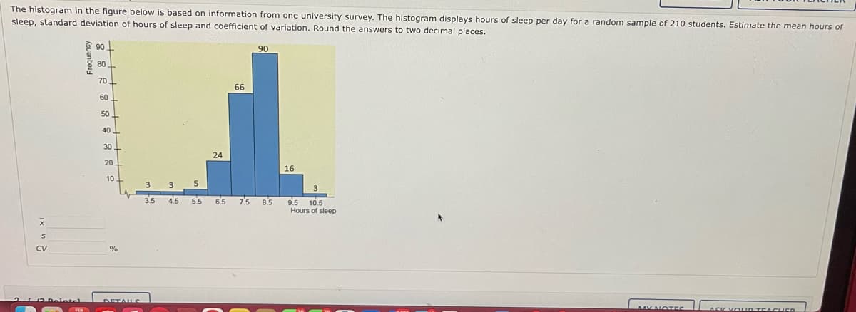 The histogram in the figure below is based on information from one university survey. The histogram displays hours of sleep per day for a random sample of 210 students. Estimate the mean hours of
sleep, standard deviation of hours of sleep and coefficient of variation. Round the answers to two decimal places.
x
S
CV
Konb
90
80
70
60
50
40
30
20
10
%
DETAILS
3
3.5
3
4.5
5
5.5
24
66
90
6.5 7.5 8.5
16
3
9.5 10.5
Hours of sleep
MY NOTES
ACK YOUR TEACHER