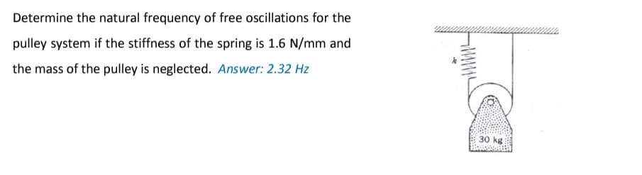 Determine the natural frequency of free oscillations for the
pulley system if the stiffness of the spring is 1.6 N/mm and
the mass of the pulley is neglected. Answer: 2.32 Hz
30 kg