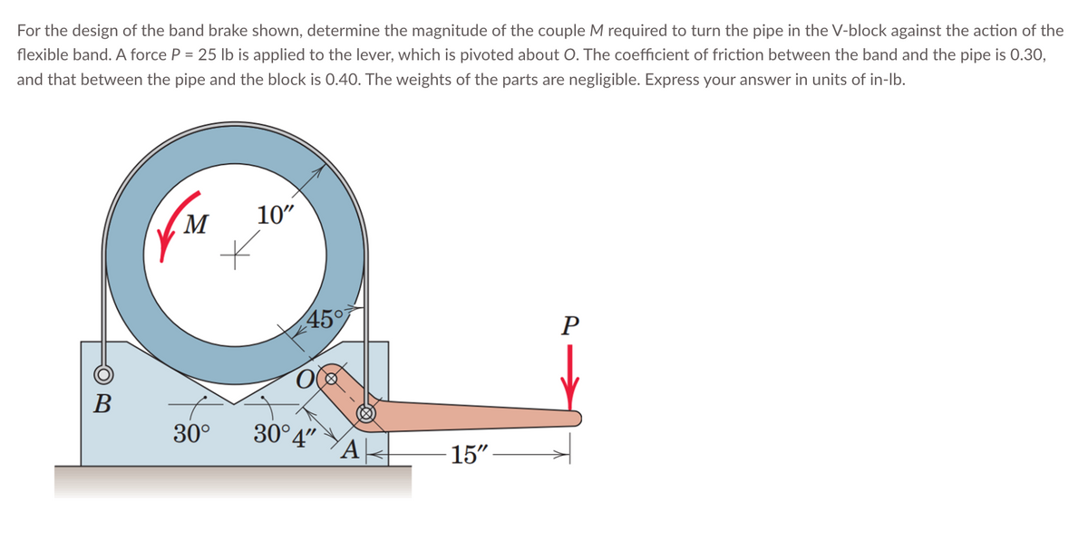 For the design of the band brake shown, determine the magnitude of the couple M required to turn the pipe in the V-block against the action of the
flexible band. A force P = 25 lb is applied to the lever, which is pivoted about O. The coefficient of friction between the band and the pipe is 0.30,
and that between the pipe and the block is 0.40. The weights of the parts are negligible. Express your answer in units of in-lb.
B
M
10"
45%
30° 30°4"
A
15"-
P