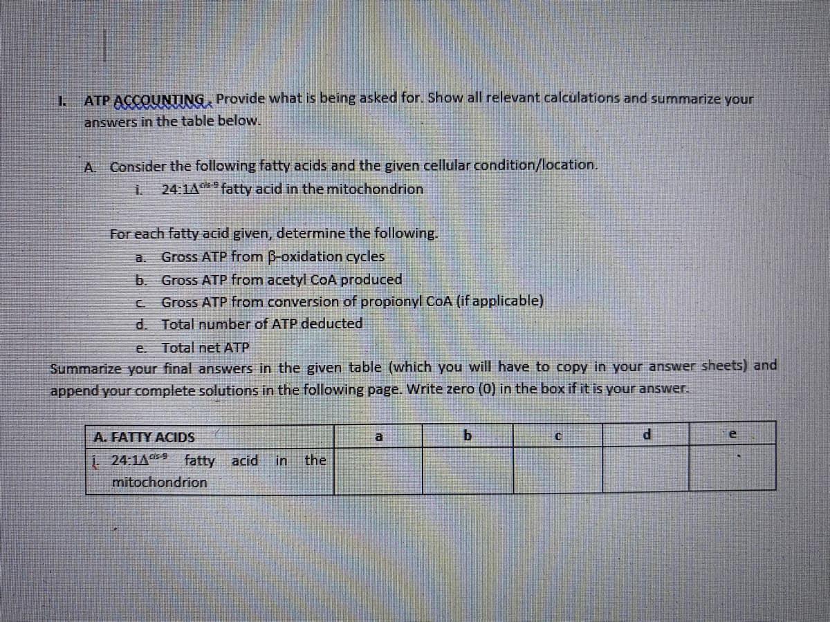 ATP ACCOUNTING, Provide what is being asked for. Show all relevant calculations and summarize your
answers in the table below.
A. Consider the following fatty acids and the given cellular condition/location.
24:1A fatty acid in the mitochondrion
For each fatty acid given, determine the following.
a. Gross ATP from ß-oxidation cycles
b. Gross ATP from acetyl CoA produced
C
Gross ATP from conversion of propionyl CoA (if applicable)
d. Total number of ATP deducted
e. Total net ATP
Summarize your final answers in the given table (which you will have to copy in your answer sheets) and
append your complete solutions in the following page. Write zero (0) in the box if it is your answer.
A. FATTY ACIDS
a
b
C
d
į. 24:149 fatty acid in the
mitochondrion