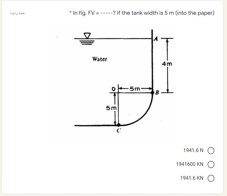 نقطة واحدة
* In fig. FV = -----? If the tank width is 5 m (into the paper)
Water
4m
5m
C
5m-
B
1941.6 NO
1941600 KN O
1941.6 KN