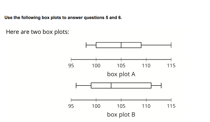 Use the following box plots to answer questions 5 and 6.
Here are two box plots:
95
100
105
110
115
box plot A
95
100
105
110
115
box plot B
