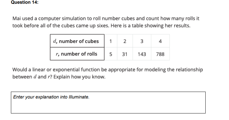 Question 14:
Mai used a computer simulation to roll number cubes and count how many rolls it
took before all of the cubes came up sixes. Here is a table showing her results.
d, number of cubes
1
3
4
r, number of rolls
5
31
143
788
Would a linear or exponential function be appropriate for modeling the relationship
between d and r? Explain how you know.
Enter your explanation into Illuminate.
