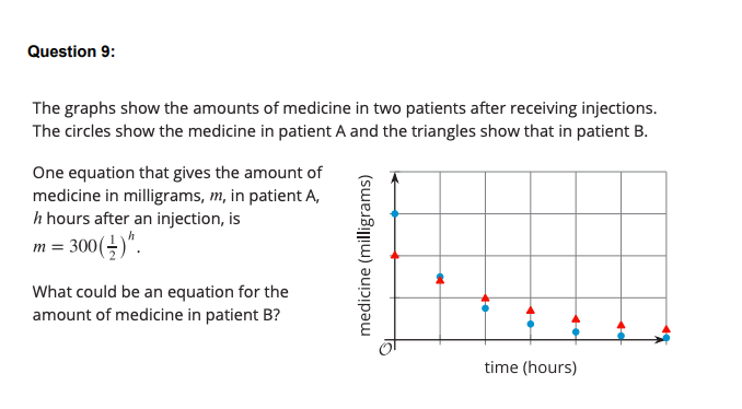 Question 9:
The graphs show the amounts of medicine in two patients after receiving injections.
The circles show the medicine in patient A and the triangles show that in patient B.
One equation that gives the amount of
medicine in milligrams, m, in patient A,
h hours after an injection, is
300(+)*.
m =
What could be an equation for the
amount of medicine in patient B?
time (hours)
medicine (milligrams)
