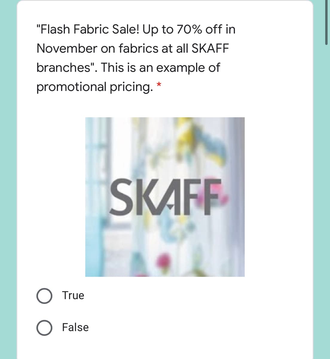 "Flash Fabric Sale! Up to 70% off in
November on fabrics at allI SKAFF
branches". This is an example of
promotional pricing.
SKAFF
True
False
