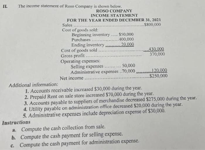 II.
The income statement of Roso Company is shown below.
Additional information:
Instructions
ROSO COMPANY
INCOME STATEMENT
FOR THE YEAR ENDED DECEMBER 31, 2021
Sales....
..$800,000
Cost of goods sold:
*****
Beginning inventory. . $50,000
Purchases
..400,000
Ending inventory.
20.000
Cost of goods sold
Gross profit......
Operating expenses:
Selling expenses....... . 50,000
Administrative expenses ..70,000
Net income..
430.000
370,000
1. Accounts receivable increased $30,000 during the year.
2. Prepaid Rent on sale store increased $70,000 during the year.
3. Accounts payable to suppliers of merchandise decreased $275,000 during the year.
4. Utility payable on administration office decreased $20,000 during the year.
5. Administrative expenses include depreciation expense of $30,000.
a. Compute the cash collection from sale.
b. Compute the cash payment for selling expense.
c. Compute the cash payment for administration expense.
120.000
..$250,000