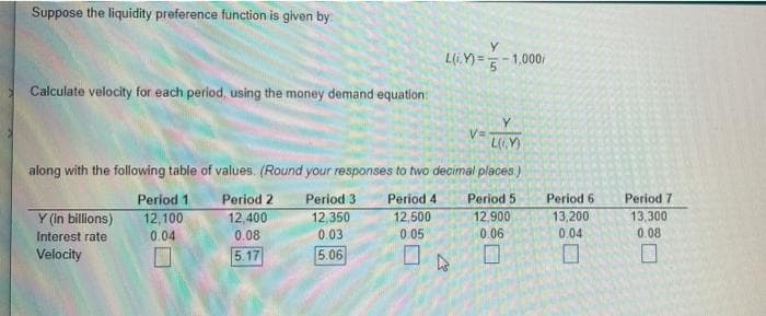 Suppose the liquidity preference function is given by:
L(i.Y) =-1,000/
Calculate velocity for each period, using the money demand equation:
V=
LY)
along with the following table of values. (Round your responses to two decimal places)
Period 1
Period 2
Period 3
Period 4
Period 5
Period 6
Period 7
Y (in billions)
12,100
0.04
12,400
12,500
12,900
12,350
0.03
13,200
0.04
13,300
0.08
Interest rate
0.08
0.05
0.06
Velocity
5.17
5.06
