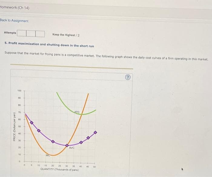 Homework (Ch 14)
Back to Assignment
Attempts
Keep the Highest/2
5. Profit maximization and shutting down in the short run
Suppose that the market for frying pans is a competitive market. The following graph shows the daily cost curves of a firm operating in this market.
100
90
80
70
ATC
50
40
30
20
AVC
10
MC
10
15
20
25 30
35
40
45
50
QUANTITY (Thousands of pans)
PRICE (Dollars per pan)
