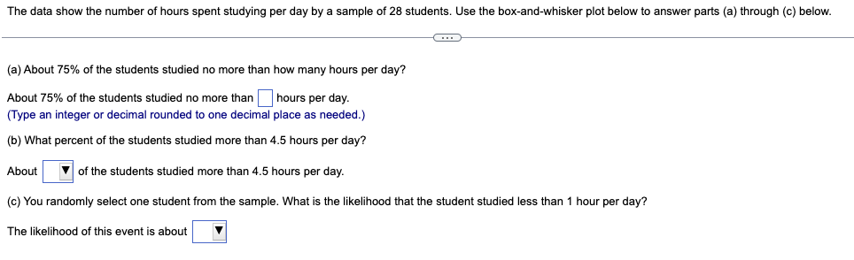 The data show the number of hours spent studying per day by a sample of 28 students. Use the box-and-whisker plot below to answer parts (a) through (c) below.
C
(a) About 75% of the students studied no more than how many hours per day?
About 75% of the students studied no more than hours per day.
(Type an integer or decimal rounded to one decimal place as needed.)
(b) What percent of the students studied more than 4.5 hours per day?
About
of the students studied more than 4.5 hours per day.
(c) You randomly select one student from the sample. What is the likelihood that the student studied less than 1 hour per day?
The likelihood of this event is about