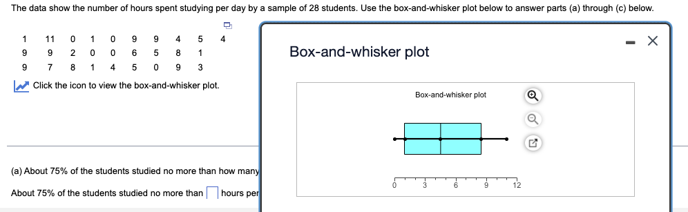 The data show the number of hours spent studying per day by a sample of 28 students. Use the box-and-whisker plot below to answer parts (a) through (c) below.
1
4
5 4
- X
11 0 109 9
00 6
9
9
2
5
8
1
Box-and-whisker plot
9
7 8 14 5 0
9 3
Click the icon to view the box-and-whisker plot.
Box-and-whisker plot
Q
Q
2
(a) About 75% of the students studied no more than how many
About 75% of the students studied no more than hours per