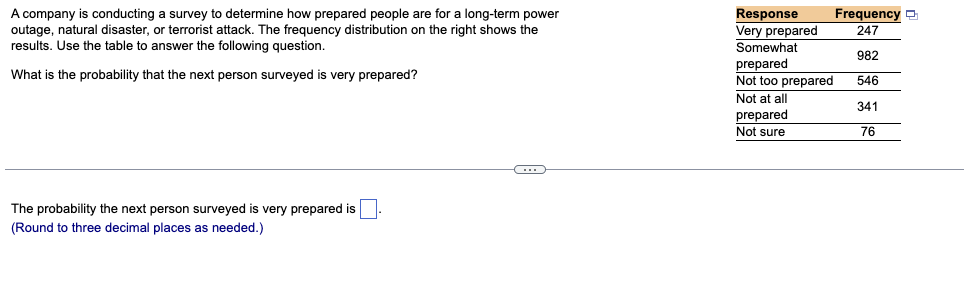 A company is conducting a survey to determine how prepared people are for a long-term power
outage, natural disaster, or terrorist attack. The frequency distribution on the right shows the
results. Use the table to answer the following question.
What is the probability that the next person surveyed is very prepared?
C
The probability the next person surveyed is very prepared is
(Round to three decimal places as needed.)
Response
Very prepared
Somewhat
prepared
Not too prepared
Not at all
prepared
Not sure
Frequency
247
982
546
341
76