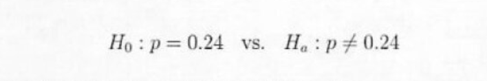 Ho: p= 0.24 vs. Ha: p0.24