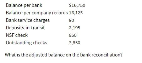 Balance per bank
$16,750
Balance per company records 16,125
Bank service charges
80
Deposits-in-transit
2,195
NSF check
950
Outstanding checks
3,850
What is the adjusted balance on the bank reconciliation?
