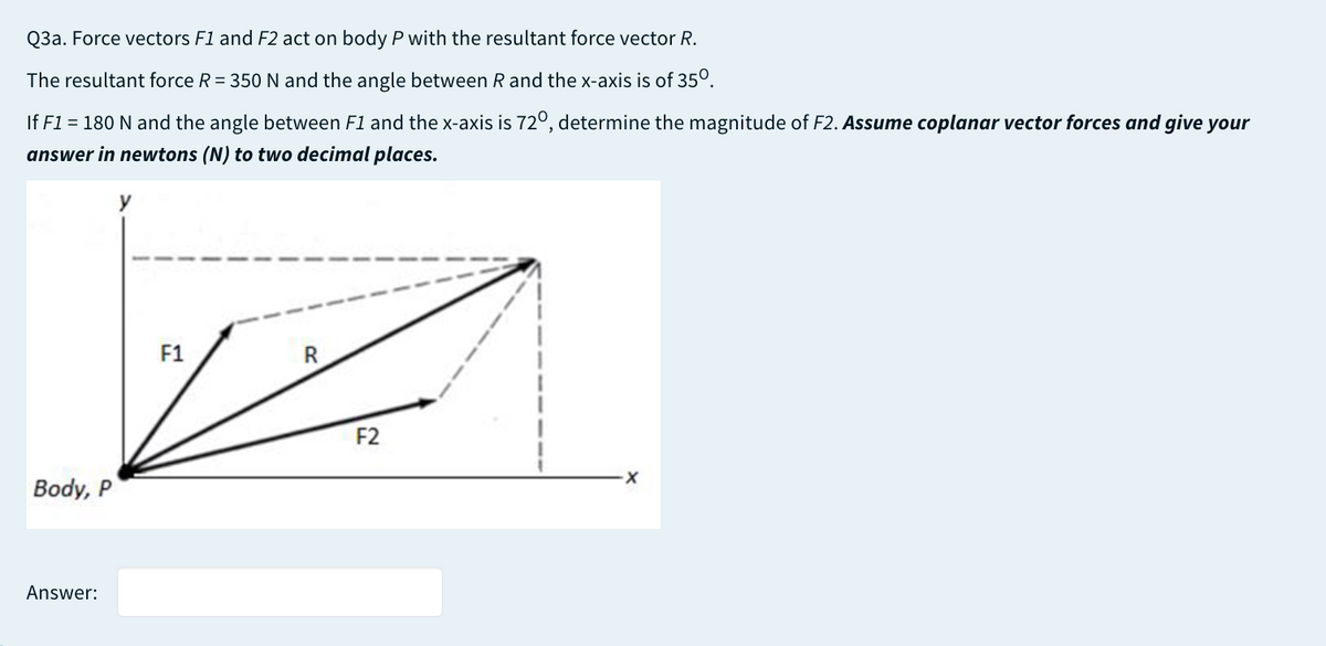 Q3a. Force vectors F1 and F2 act on body P with the resultant force vector R.
The resultant force R = 350 N and the angle between R and the x-axis is of 35°.
If F1 = 180 N and the angle between F1 and the x-axis is 72°, determine the magnitude of F2. Assume coplanar vector forces and give your
answer in newtons (N) to two decimal places.
F1
R
F2
Body, P
Answer:
