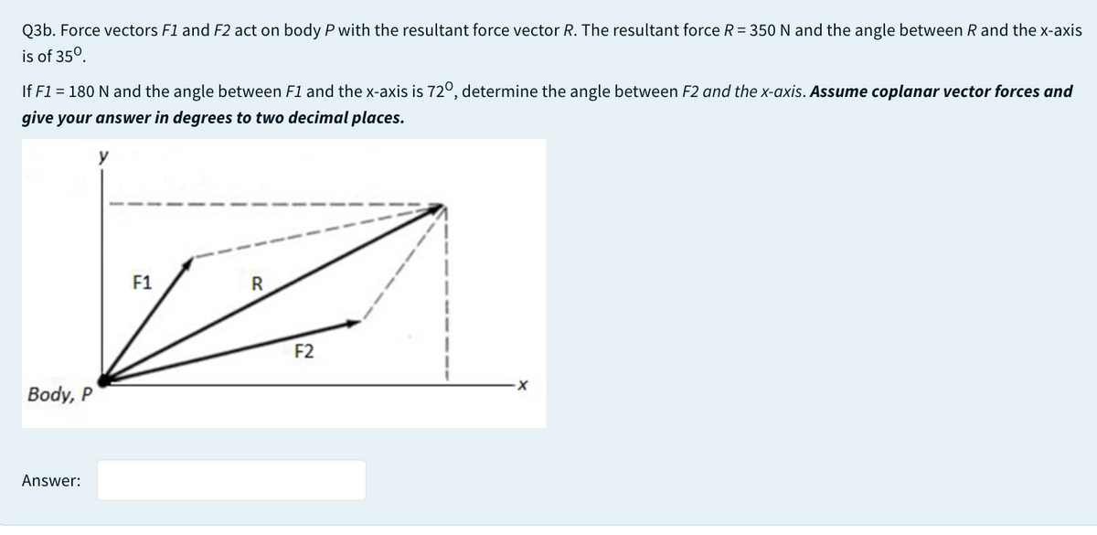 Q3b. Force vectors F1 and F2 act on body P with the resultant force vector R. The resultant force R= 350 N and the angle between R and the x-axis
is of 35°.
If F1 = 180 N and the angle between F1 and the x-axis is 72º, determine the angle between F2 and the x-axis. Assume coplanar vector forces and
give your answer in degrees to two decimal places.
F1
R
F2
Body, P
Answer:
