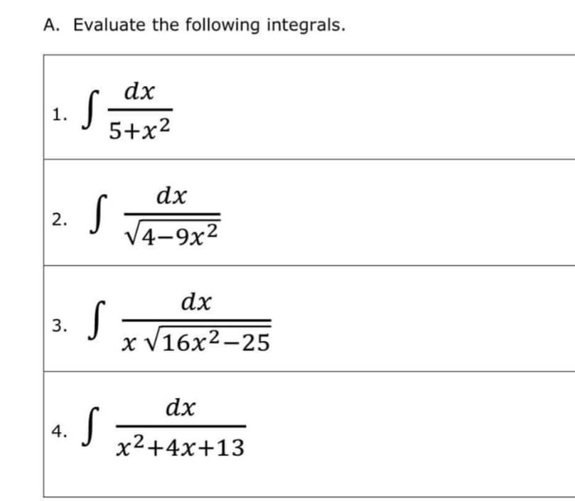 A. Evaluate the following integrals.
dx
1.
5+x²
dx
V4-9x²
dx
x V16x2-25
dx
4.
x2+4x+13
2.
3.
