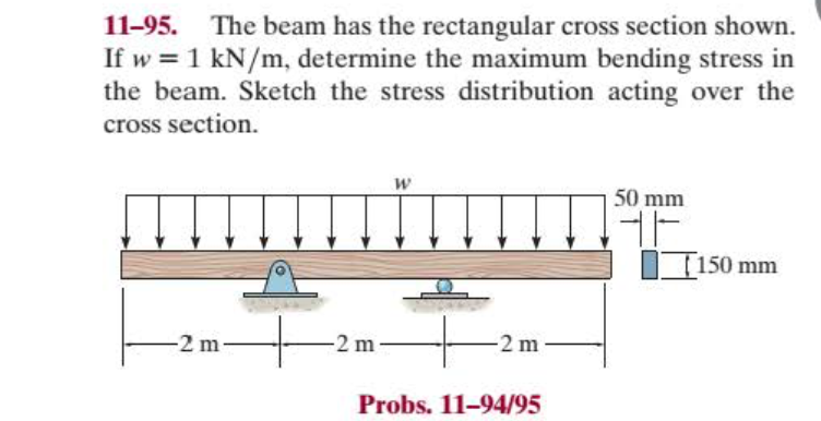 11-95. The beam has the rectangular cross section shown.
If w = 1 kN/m, determine the maximum bending stress in
the beam. Sketch the stress distribution acting over the
cross section.
%3D
50 mm
I 150 mm
-2 m-
-2 m-
-2 m
Probs. 11-94/95
