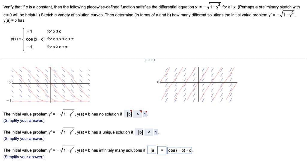 Verify that if c is a constant, then the following piecewise-defined function satisfies the differential equation y' = - V1-y for all x. (Perhaps a preliminary sketch with
c= 0 will be helpful.) Sketch a variety of solution curves. Then determine (in terms of a and b) how many different solutions the initial value problem y' = -
y(a) =b has.
+1
for xsc
y(x) = { cos (x - c) for c<x<c+1
- 1
for x2c+a
//
0.
The initial value problem y' = - /1-y , y(a) = b has no solution if
b|
1.
(Simplify your answer.)
The initial value problem y' = - V1-y, y(a) = b has a unique solution if b| < 1.
(Simplify
answer.)
The initial value problem y' =
/1-y, y(a) = b has infinitely many solutions if
a
= cos (- b) + c.
(Simplify your answer.)
