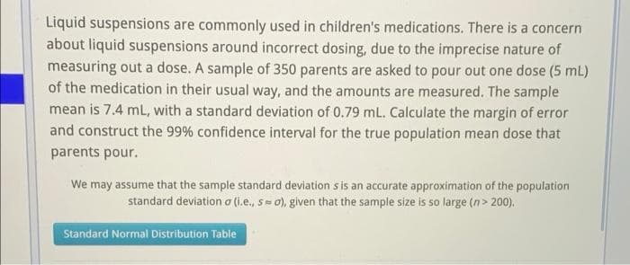 Liquid suspensions are commonly used in children's medications. There is a concern
about liquid suspensions around incorrect dosing, due to the imprecise nature of
measuring out a dose. A sample of 350 parents are asked to pour out one dose (5 mL)
of the medication in their usual way, and the amounts are measured. The sample
mean is 7.4 mL, with a standard deviation of 0.79 mL. Calculate the margin of error
and construct the 99% confidence interval for the true population mean dose that
parents pour.
We may assume that the sample standard deviation sis an accurate approximation of the population
standard deviation o (i.e., s= 0), given that the sample size is so large (n> 200).
Standard Normal Distribution Table
