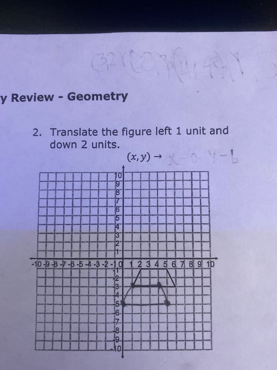 y Review - Geometry
2. Translate the figure left 1 unit and
down 2 units.
(x, y) →
Y-L
10
8.
17
15
12"
-10 -9-B -7 -6-5 -4 -3 -2 -10 1 2 3 4 5 6789 10
3-
-7
18
10
