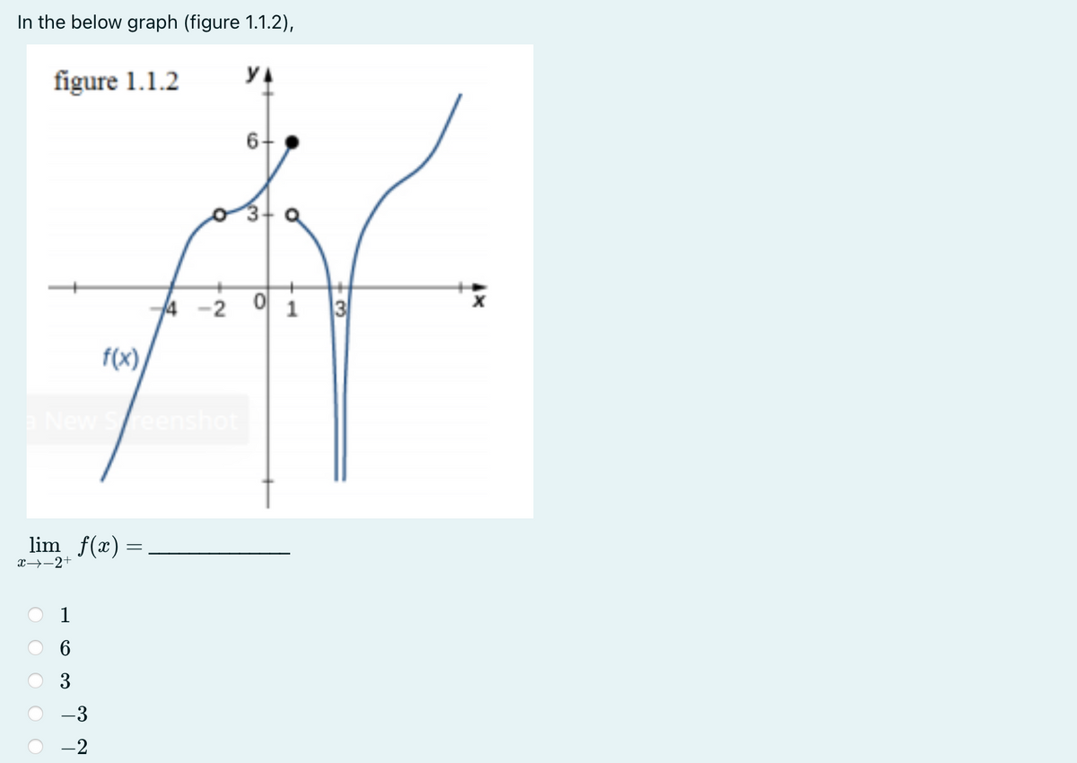 In the below graph (figure 1.1.2),
figure 1.1.2
3
f(x)
New Sreenshot
lim f(x) =
x→-2+
1
6
-3
-2
