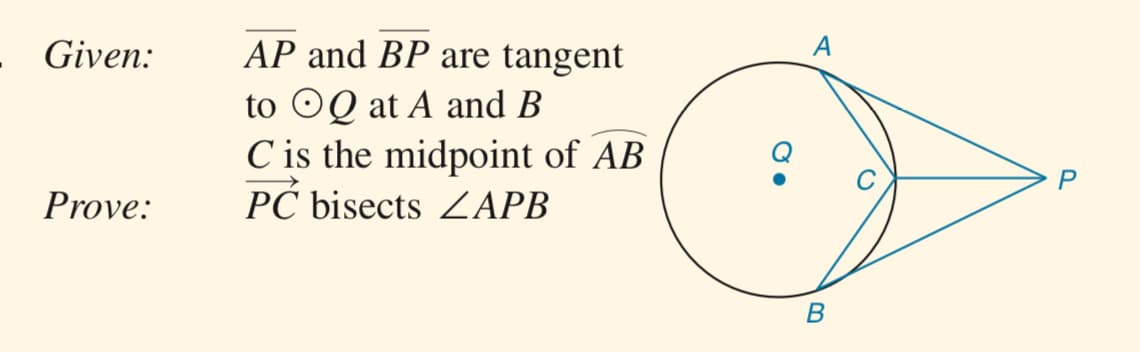 Given:
AP and BP are tangent
A
to ©Q at A and B
C is the midpoint of AB
PĆ bisects ZAPB
Prove:
В
