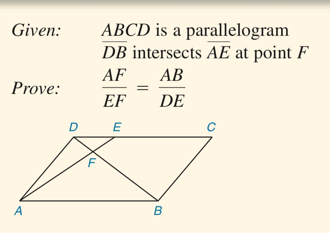 ABCD is a parallelogram
DB intersects AE at point F
Given:
AF
AB
Prove:
EF
DE
D
E
А
B
