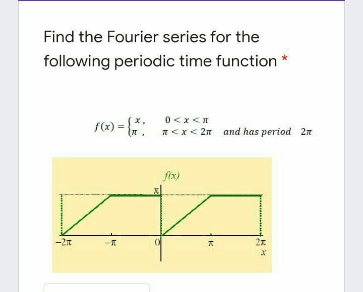 Find the Fourier series for the
following periodic time function
0 <x < T
n < x< 2n and has period 2n
X ,
f(x) = {
f(x)
-T
