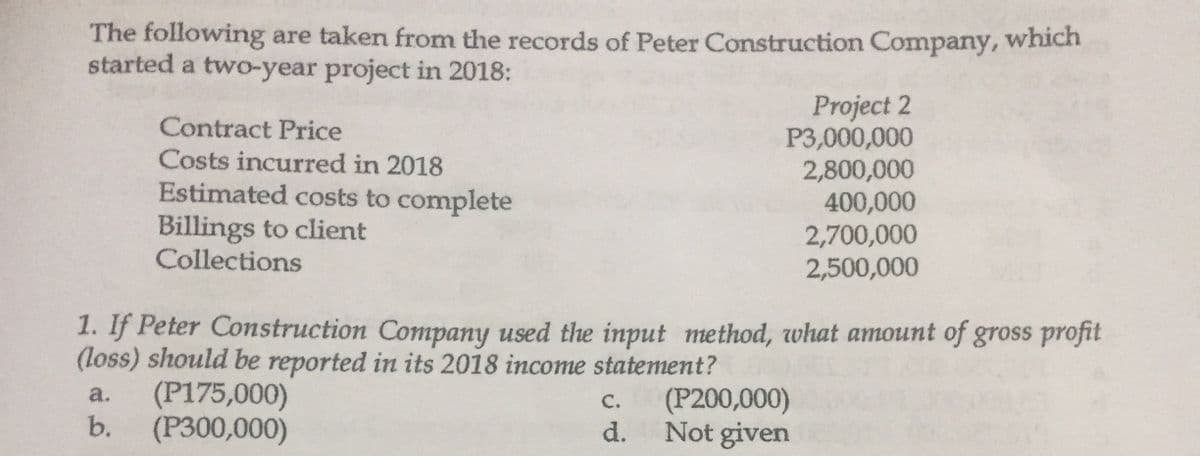 The following are taken from the records of Peter Construction Company, which
started a two-year project in 2018:
Project 2
P3,000,000
2,800,000
400,000
2,700,000
2,500,000
Contract Price
Costs incurred in 2018
Estimated costs to complete
Billings to client
Collections
1. If Peter Construction Company used the input method, what amount of gross profit
(loss) should be reported in its 2018 income statement?
(P175,000)
b.
a.
(P200,000)
с.
(P300,000)
d.
Not given
