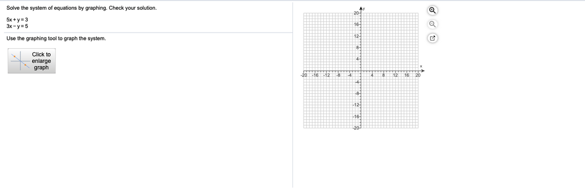 Solve the system of equations by graphing. Check your solution.
Av
20-
5x + y = 3
3x - y = 5
16-
Use the graphing tool to graph the system.
Click to
enlarge
graph
-20
16
-8
-4
12
16
12
16-
