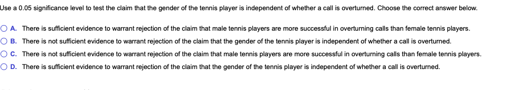 Use a 0.05 significance level to test the claim that the gender of the tennis player is independent of whether a call is overturned. Choose the correct answer below.
O A. There is sufficient evidence to warrant rejection of the claim that male tennis players are more successful in overturning calls than female tennis players.
O B. There is not sufficient evidence to warrant rejection of the claim that the gender of the tennis player is independent of whether a call is overturned.
O c. There is not sufficient evidence to warrant rejection of the claim that male tennis players are more successful in overturning calls than female tennis players.
O D. There is sufficient evidence to warrant rejection of the claim that the gender of the tennis player is independent of whether a call is overturned.

