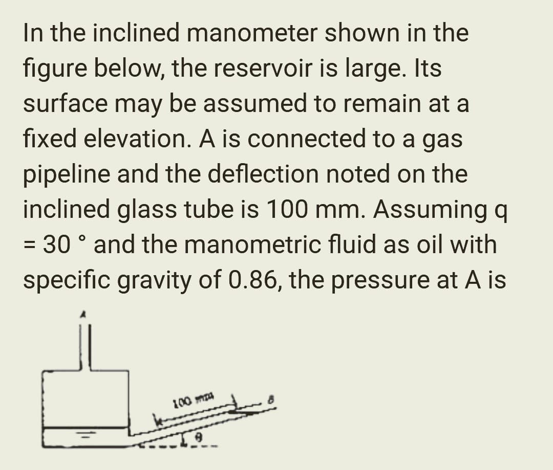 In the inclined manometer
shown in the
figure below, the reservoir is large. Its
surface may be assumed to remain at a
fixed elevation. A is connected to a gas
pipeline and the deflection noted on the
inclined glass tube is 100 mm. Assuming q
= 30° and the manometric fluid as oil with
specific gravity of 0.86, the pressure at A is
1.
100 ma
TO