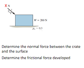 XN
W = 200 N
4, = 0.3
Determine the normal force between the crate
and the surface
Determine the frictional force developed
