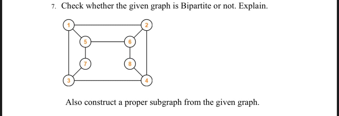 7. Check whether the given graph is Bipartite or not. Explain.
Also construct a proper subgraph from the given graph.
