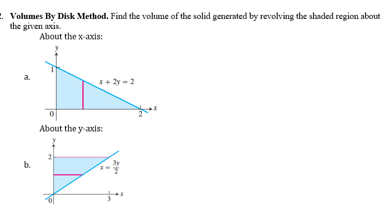 2. Volumes By Disk Method. Find the volume of the solid generated by revolving the shaded region about
the given axis.
About the x-axis:
x + 2y = 2
a.
b.
About the y-axis:
X =
3