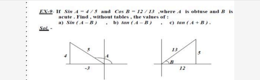 EX-9- If Sin A-4/5 and Cos B-12/13 ,where 4 is obtuse and B is
acute . Find, without tables, the values of :
a) Sin (A- B) , b) tan (A - B) ,
c) tan ( A + B).
Sol.-
13
5
12
