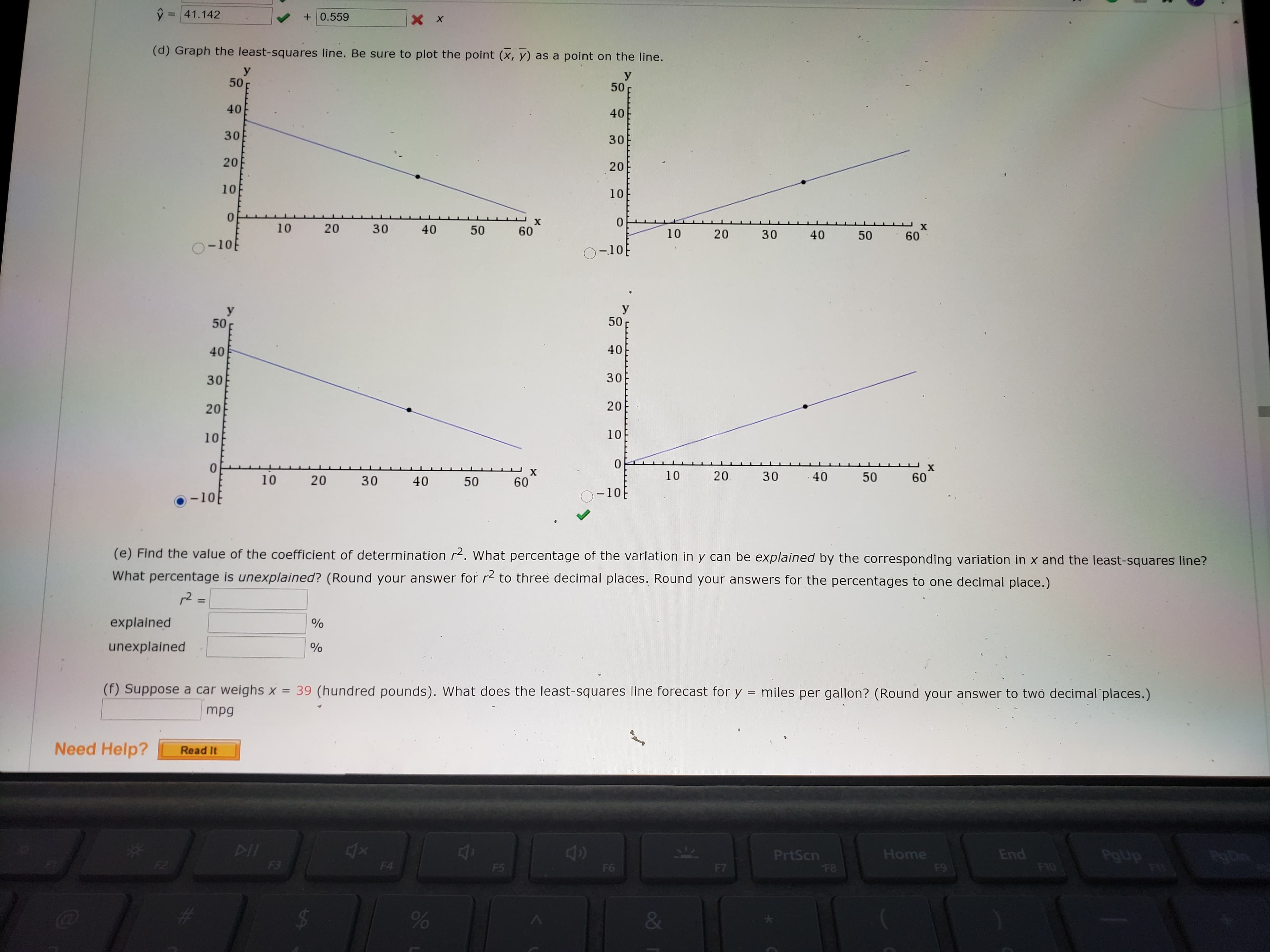 (e) Find the value of the coefficient of determination r2. What percentage of the variation in y can be explained by the corresponding variation in x and the least-squares line?
What percentage is unexplained? (Round your answer for r2 to three decimal places. Round your answers for the percentages to one decimal place.)
12
%3D
explained
%
unexplained
(f) Suppose a car weighs x = 39 (hundred pounds). What does the least-squares line forecast for y = miles per gallon? (Round your answer to twò decimal places.)
mpg
