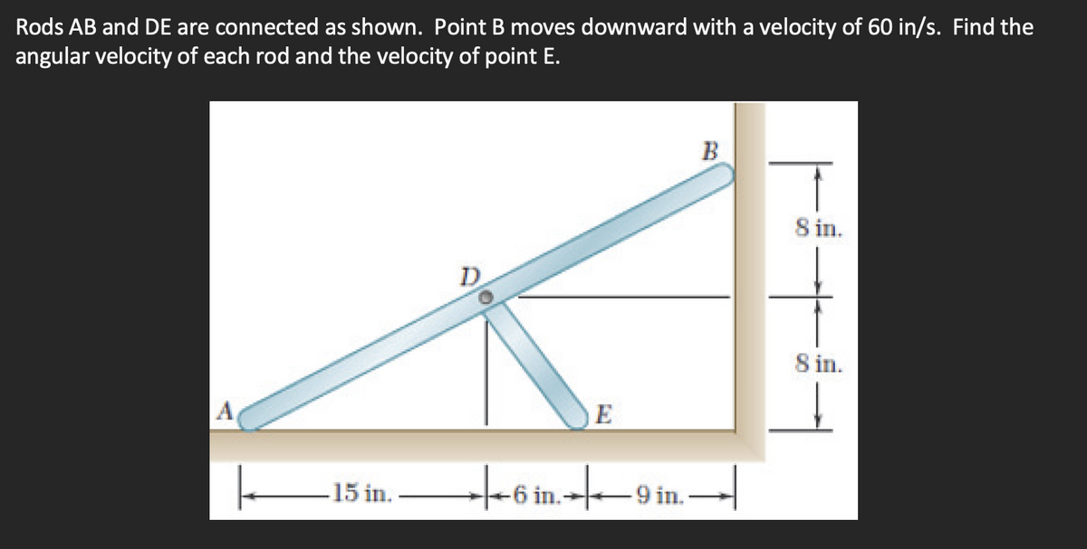 Rods AB and DE are connected as shown. Point B moves downward with a velocity of 60 in/s. Find the
angular velocity of each rod and the velocity of point E.
K
-15 in.
D
E
6 in 9 in.
B
8 in.
8 in.