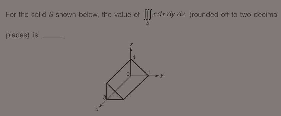 For the solid S shown below, the value of ||| xdx dy dz (rounded off to two decimal
places) is
3
N
