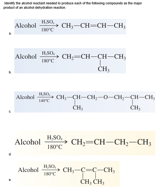 Identify the alcohol reactant needed to produce each of the following compounds as the major
product of an alcohol dehydration reaction.
H,SO,
Alcohol
→ CH3–CH=CH–CH3
180°C
a.
H,SO,
Alcohol
→ CH,=CH-CH–CH3
180°C
CH3
b.
H,SO,
Alcohol
CH3-CH-CH2–0–CH,-CH–CH3
140°C
ČH3
с.
H,SO,
Alcohol
CH,=CH-CH,–CH3
180°C
H,SO,
Alcohol
CH;-C=C-CH3
180°C
CH3 CH3
e.
