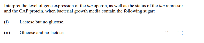 Interpret the level of gene expression of the lac operon, as well as the status of the lac repressor
and the CAP protein, when bacterial growth media contain the following sugar:
(1)
Lactose but no glucose.
(ii)
Glucose and no lactose.