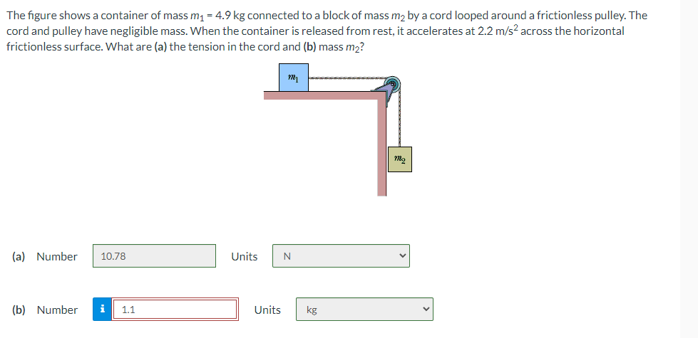 The figure shows a container of mass m1 = 4.9 kg connected to a block of mass m2 by a cord looped around a frictionless pulley. The
cord and pulley have negligible mass. When the container is released from rest, it accelerates at 2.2 m/s? across the horizontal
frictionless surface. What are (a) the tension in the cord and (b) mass m2?
(a) Number
10.78
Units
N
(b) Number
i
1.1
Units
kg
