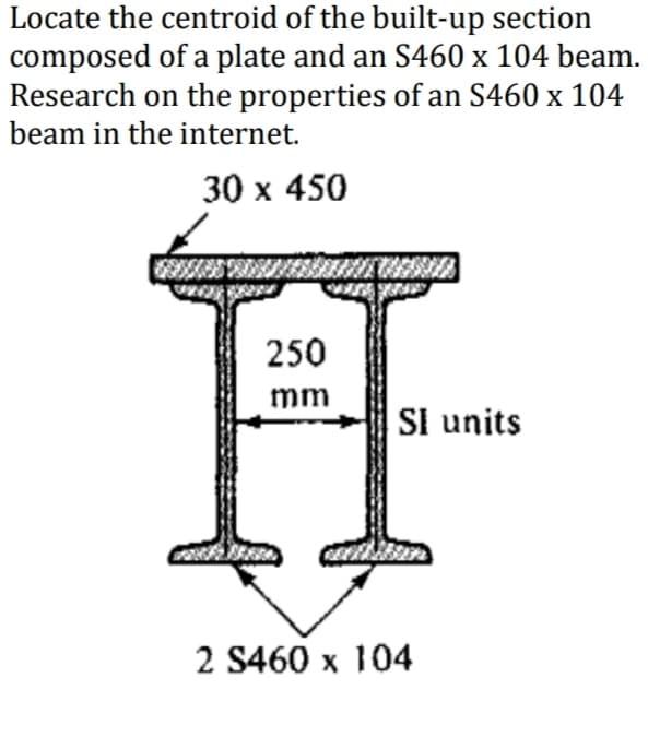 Locate the centroid of the built-up section
composed of a plate and an S460 x 104 beam.
Research on the properties of an S460 x 104
beam in the internet.
30 x 450
250
mm
SI units
2 S460 x 104