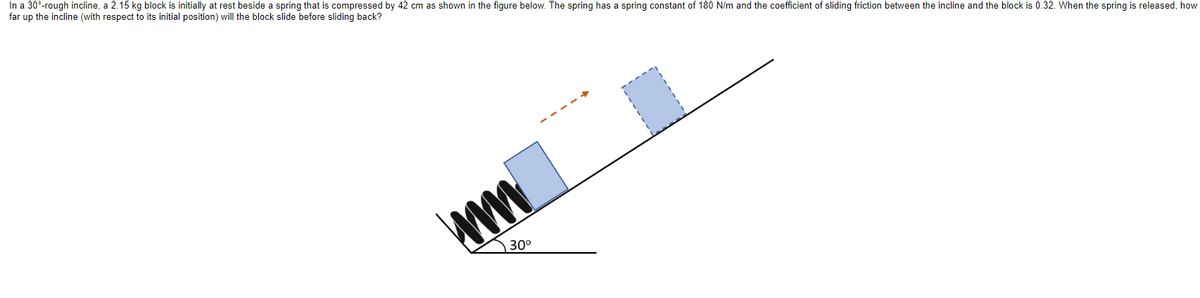 In a 30°-rough incline,
far up the incline (with
a 2.15 kg block is initially at rest beside a spring that is compressed by 42 cm as shown in the figure below. The spring has a spring constant of 180 N/m and the coefficient of sliding friction between the incline and the block is 0.32. When the spring is released, how
respect to its initial position) will the block slide before sliding back?
ww
30⁰