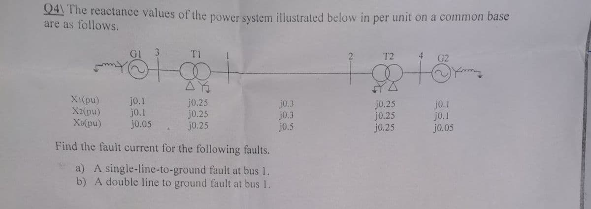 Q4\ The reactance values of the power system illustrated below in per unit on a common base
are as follows.
G1
3.
T1
T2
4
G2
XI(pu)
X2(pu)
Xo(pu)
jo.1
jo.1
jo.05
j0.25
jo.25
jo.25
jo.3
j0.3
jo.5
jo.25
j0.25
jo.25
jo.1
jo. 1
j0.05
Find the fault current for the following faults.
a) A single-line-to-ground fault at bus 1.
b) A double line to ground fault at bus 1.
